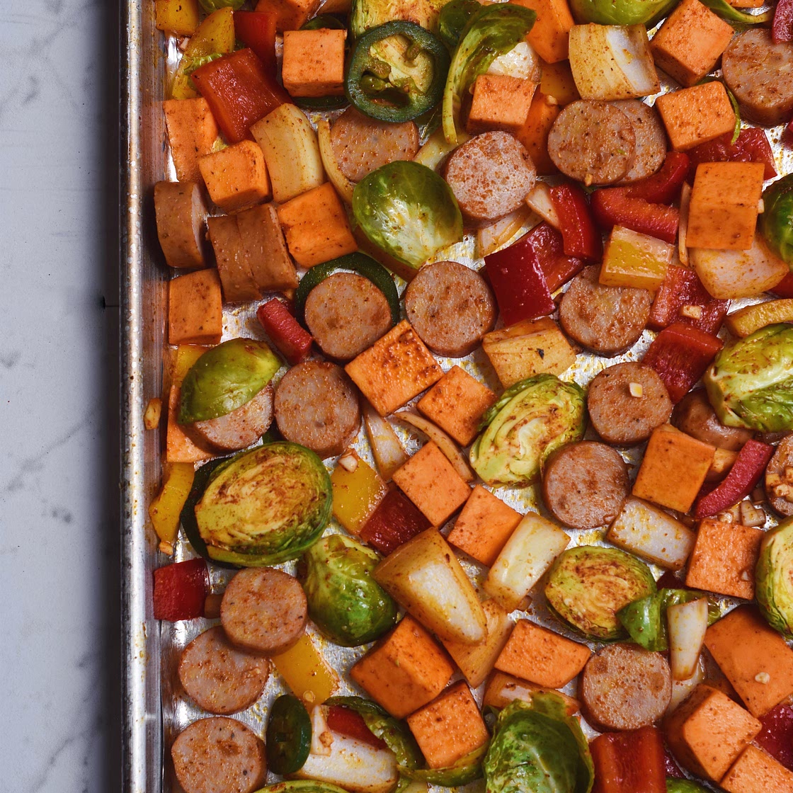 Chicken Sausage and Sweet Potato Sheet Pan Bake