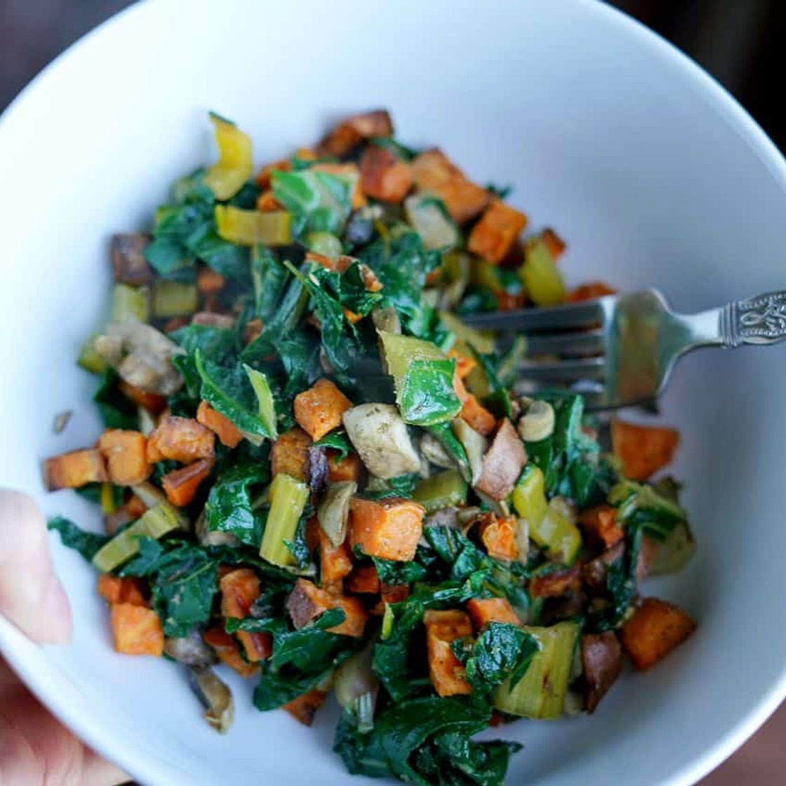 Vegan Sauteed Rainbow Chard with Sweet Potatoes and Mushrooms