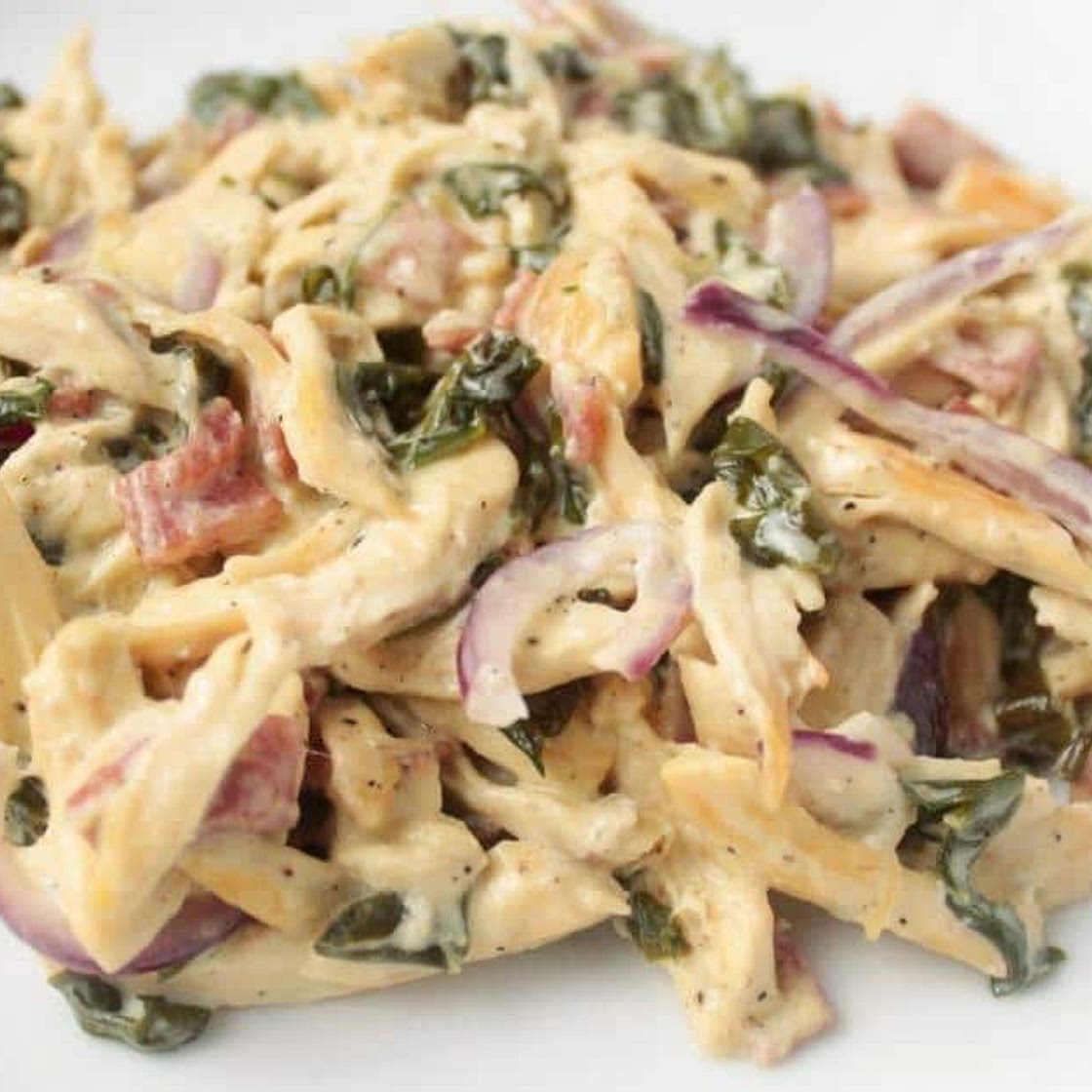 Easy Creamy Shredded Chicken with Spinach and Bacon