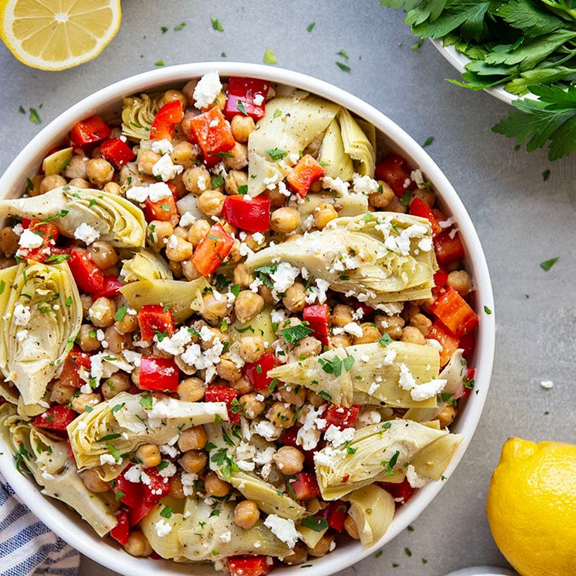 Crispy Chickpea Artichoke Salad with Lemon Dressing