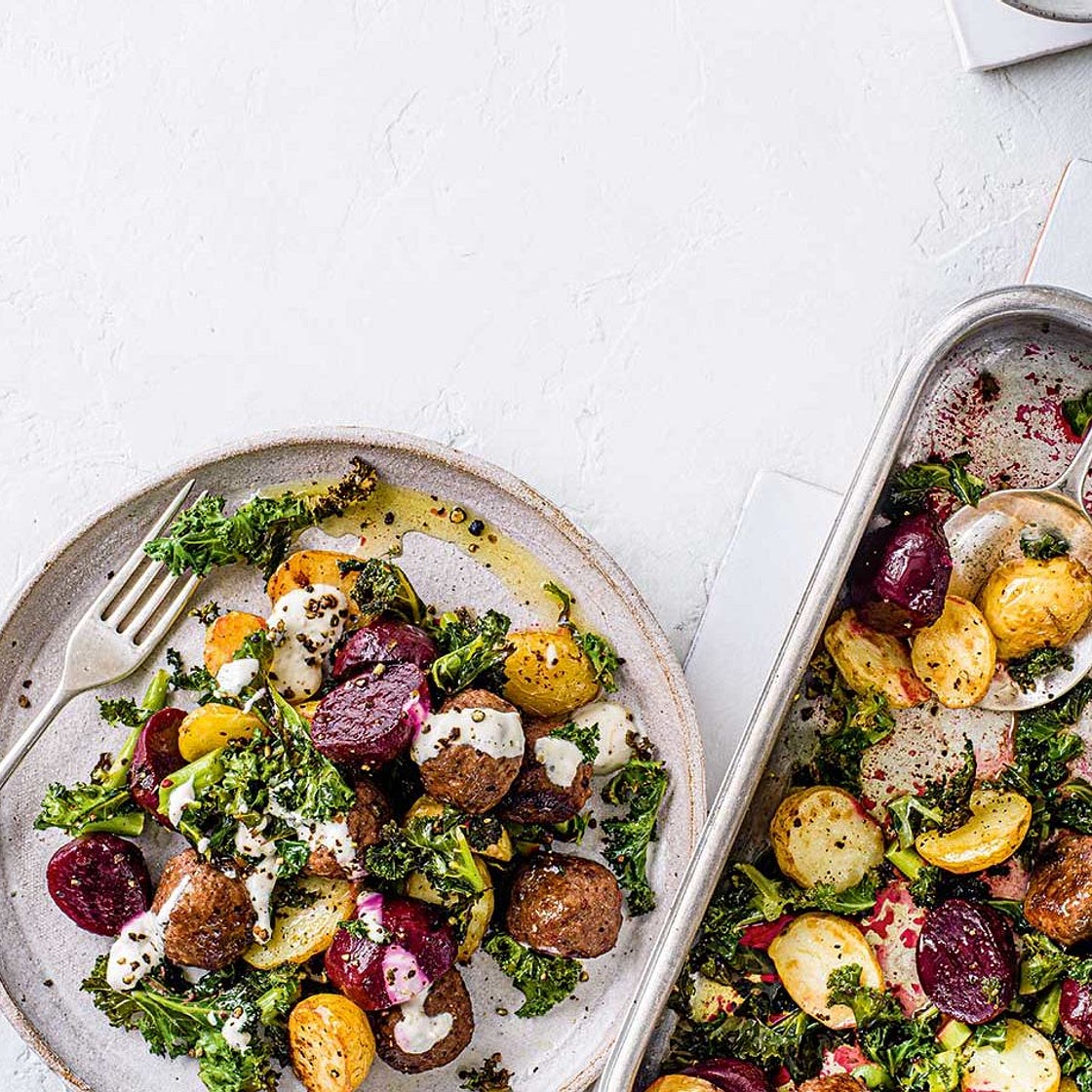 Scandi meatball traybake