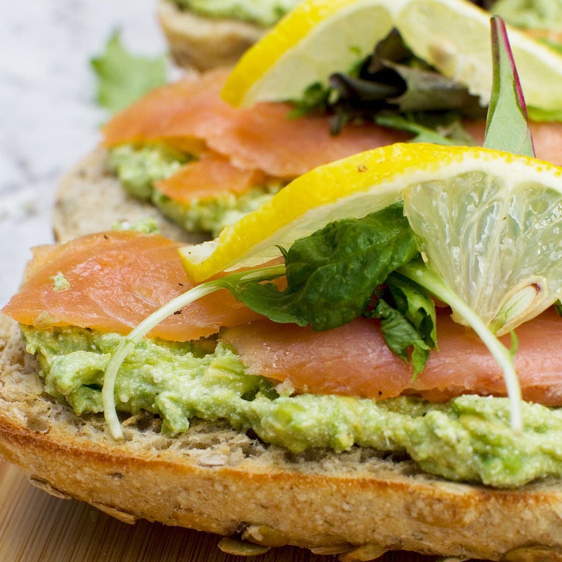 smoked salmon bruschetta with smashed avocado and feta