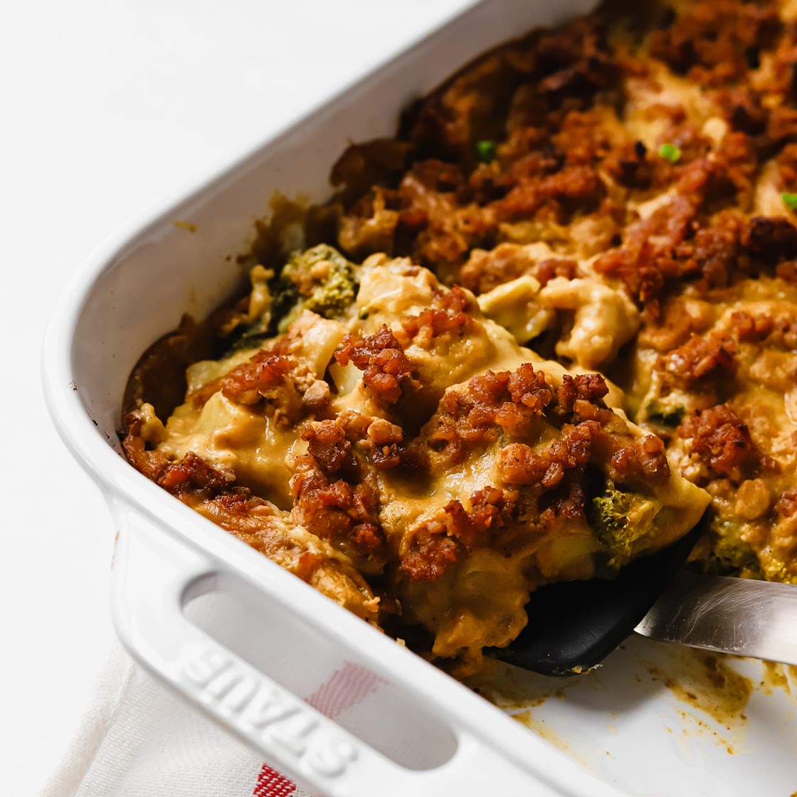 Vegan Broccoli Potato Casserole with Tempeh Sausage
