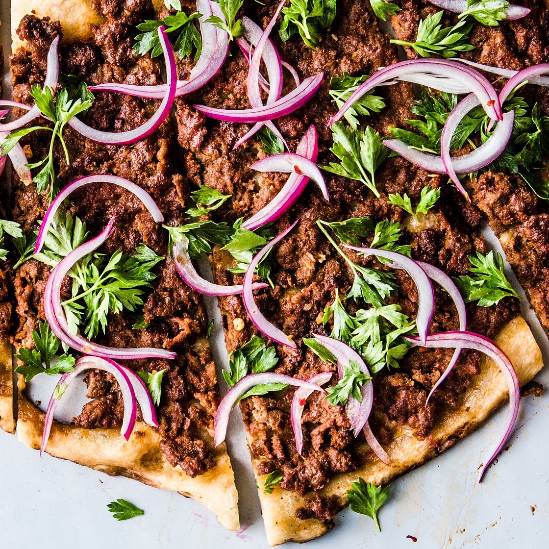 Spicy Lamb Pizza with Parsley–Red Onion Salad
