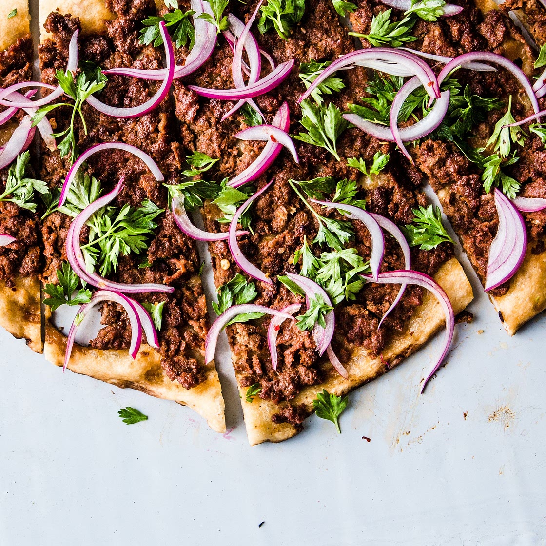 Spicy Lamb Pizza with Parsley–Red Onion Salad