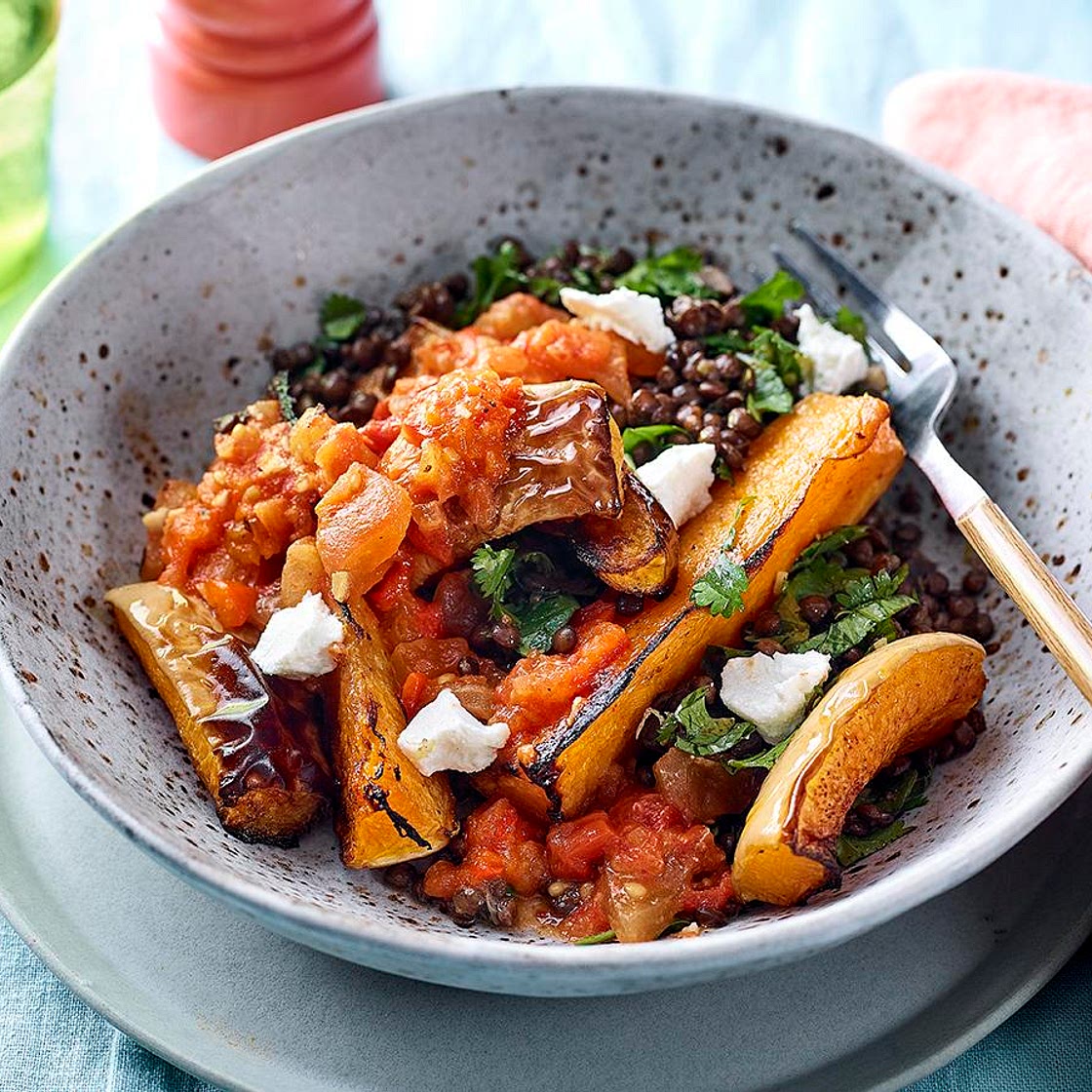 Roast squash with charred red pepper sauce