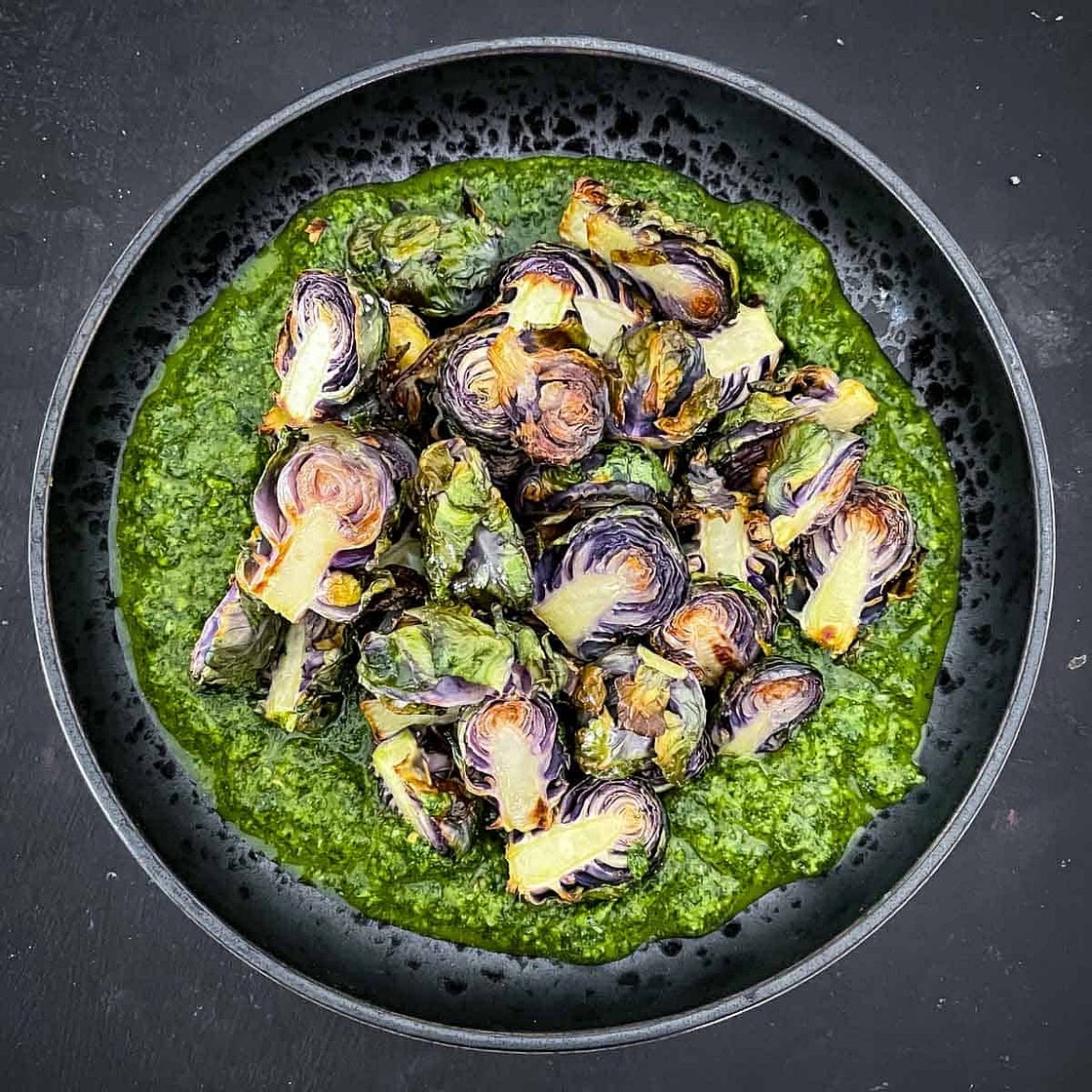 Red Brussels Sprouts and Zhoug Sauce