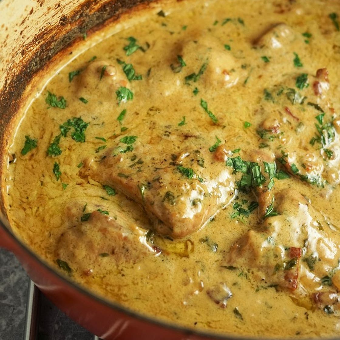 Rabbit in Creamy Cider Sauce with Bacon, Garlic & Tarragon