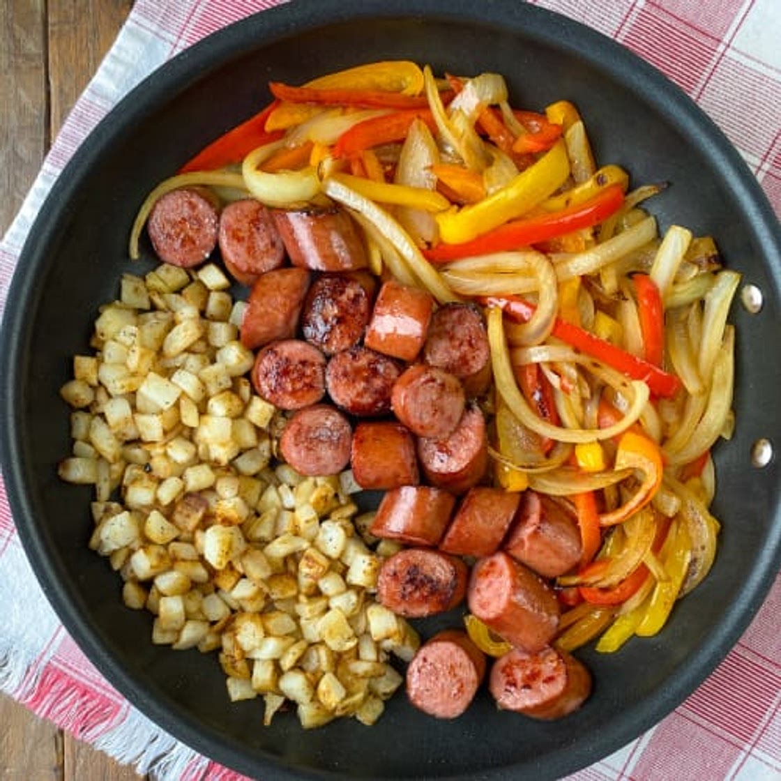 Smoked Sausage, Peppers, Onions & Potatoes Skillet