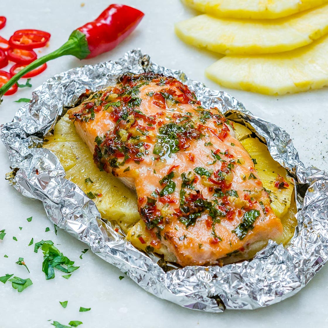 Easy Garlic Butter Salmon + Pineapple Packets Recipe