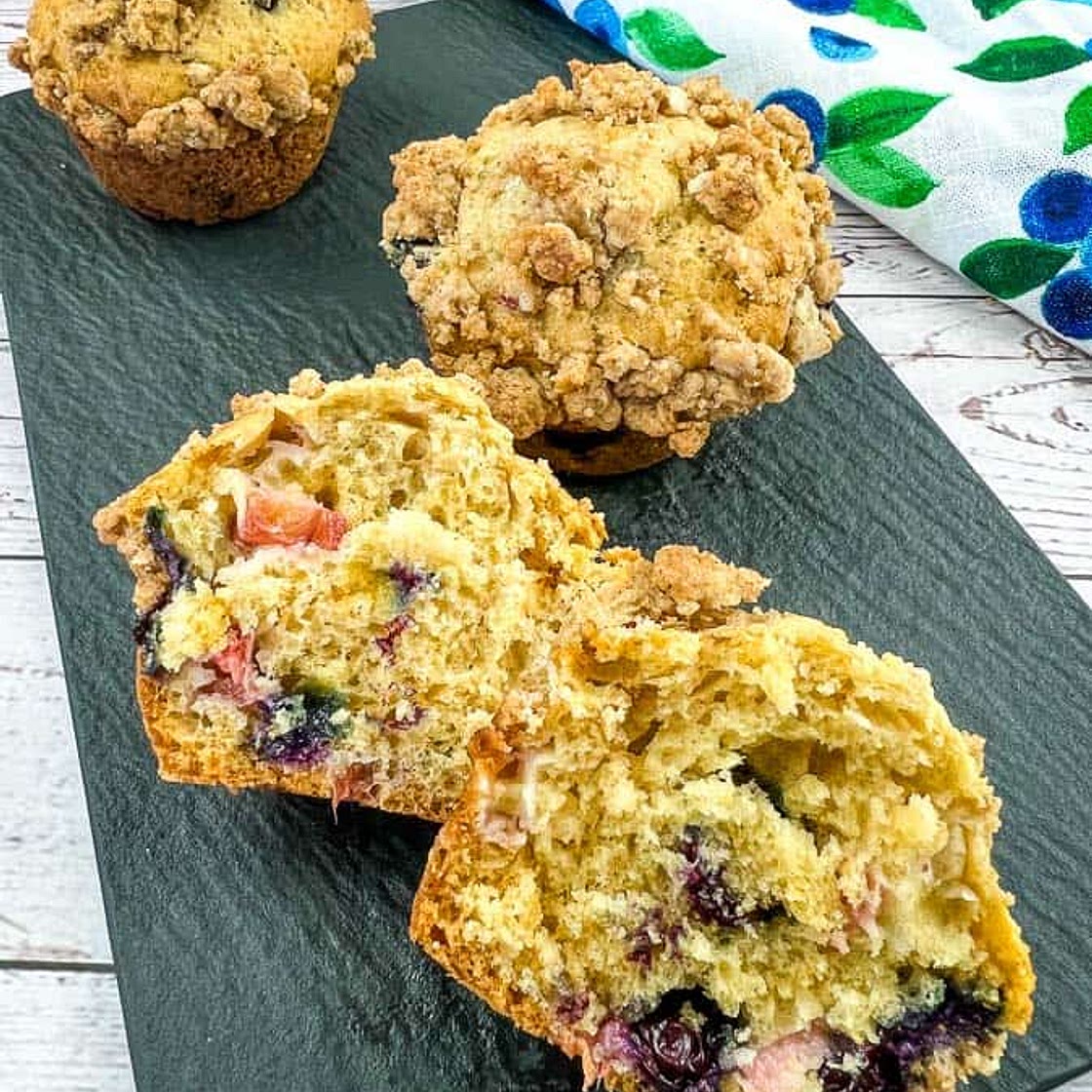 Blueberry-Rhubarb Muffins with Streusel Topping