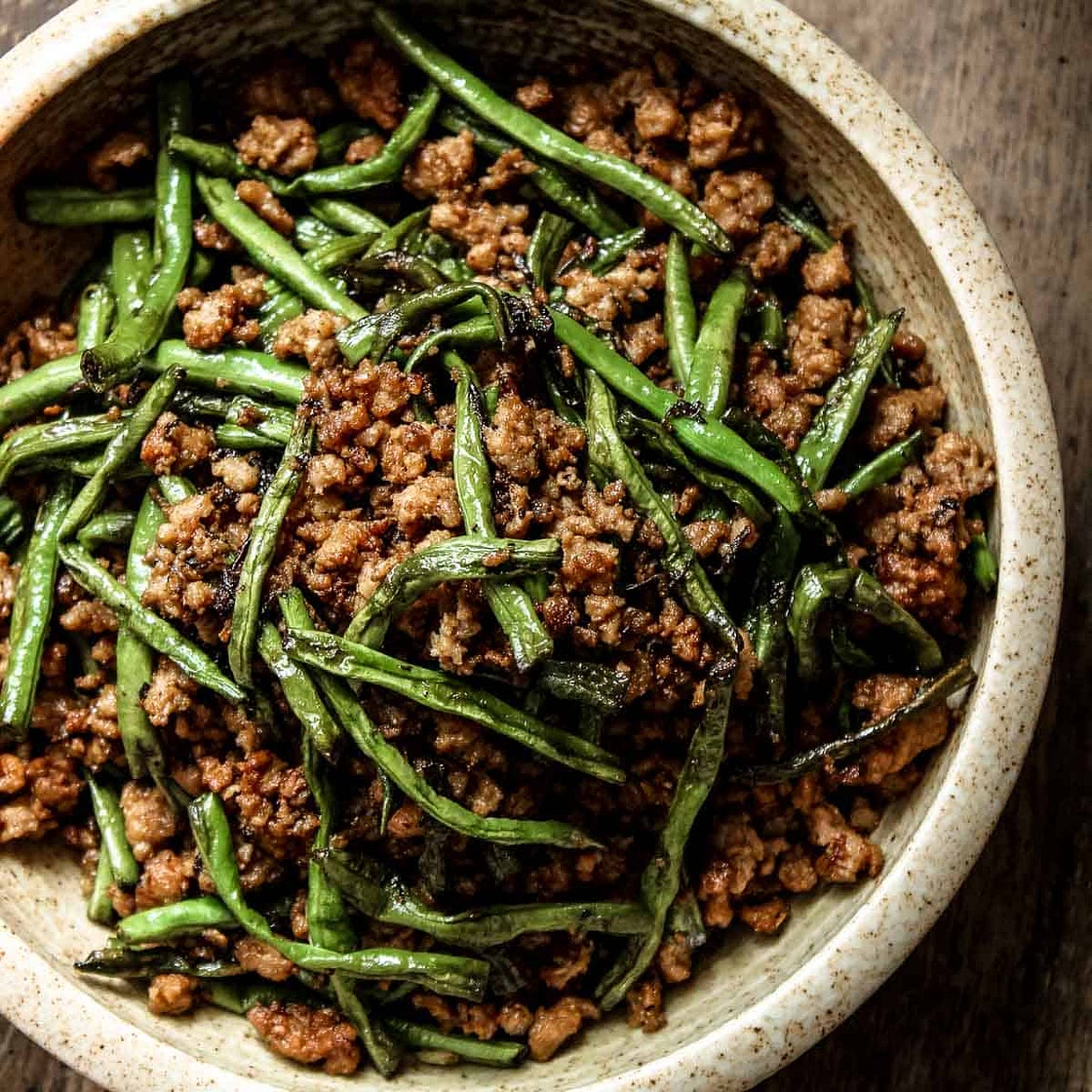 Dry-Fried Long Beans and Minced Pork with Olive Vegetables