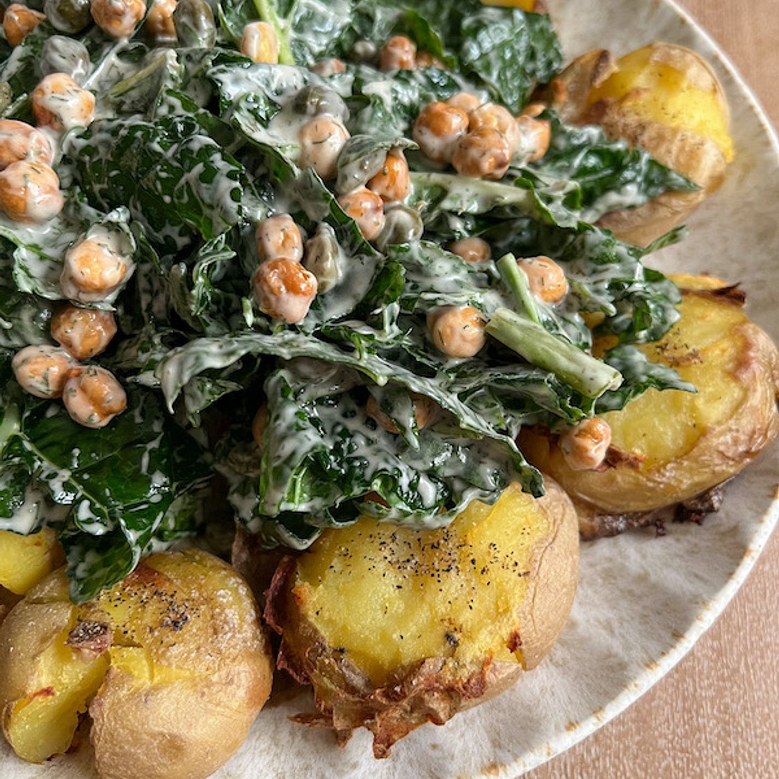 Smashed Potato Kale Caesar Salad