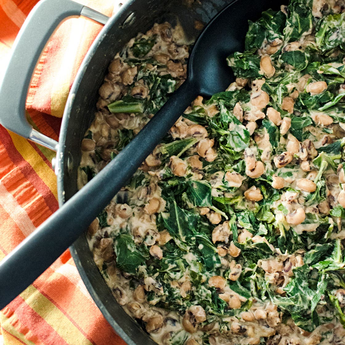Maple Walnut Glazed Black-Eyed Peas with Collard Greens
