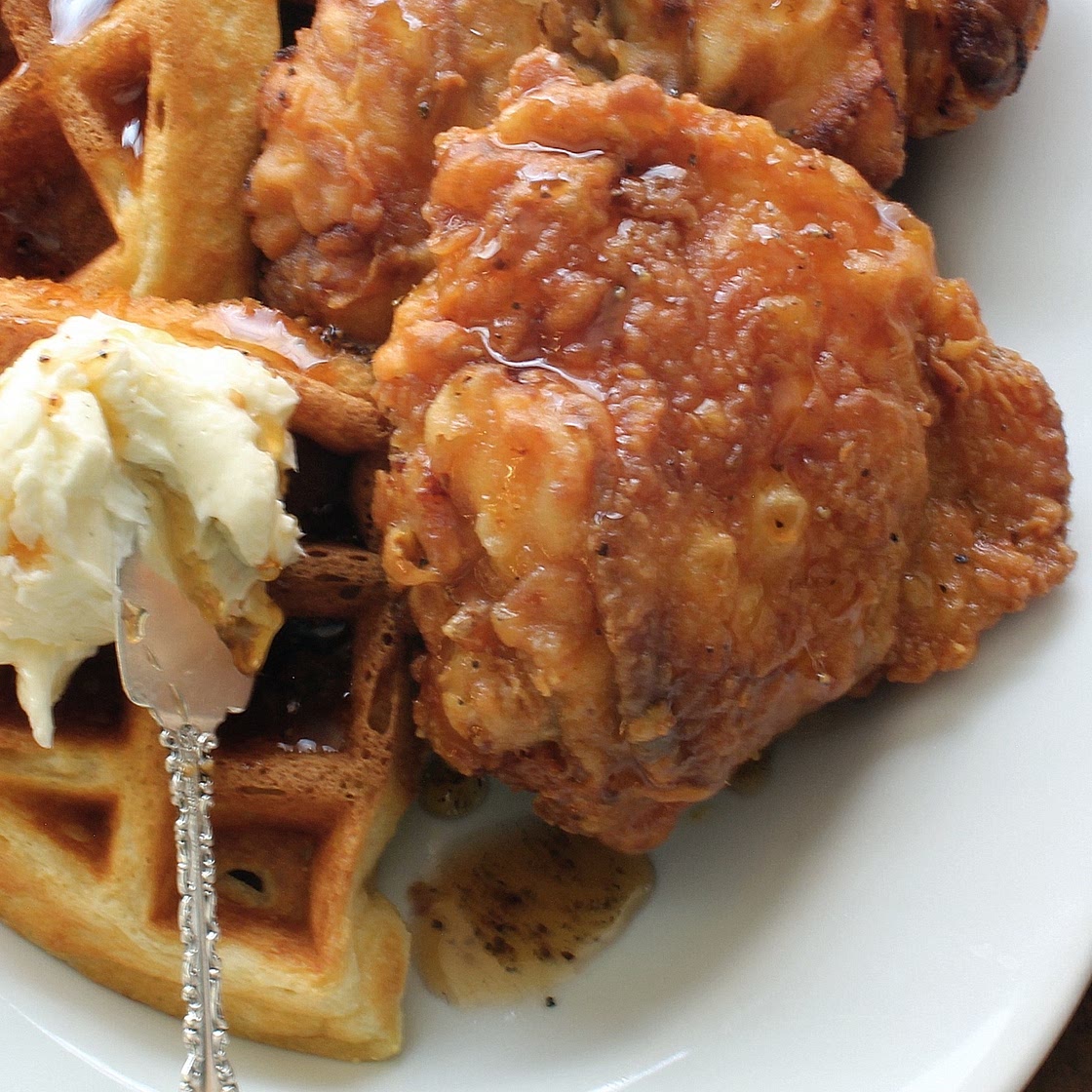 Fried Chicken and Buttermilk Waffles with Black Pepper Maple Syrup and Vanilla Butter