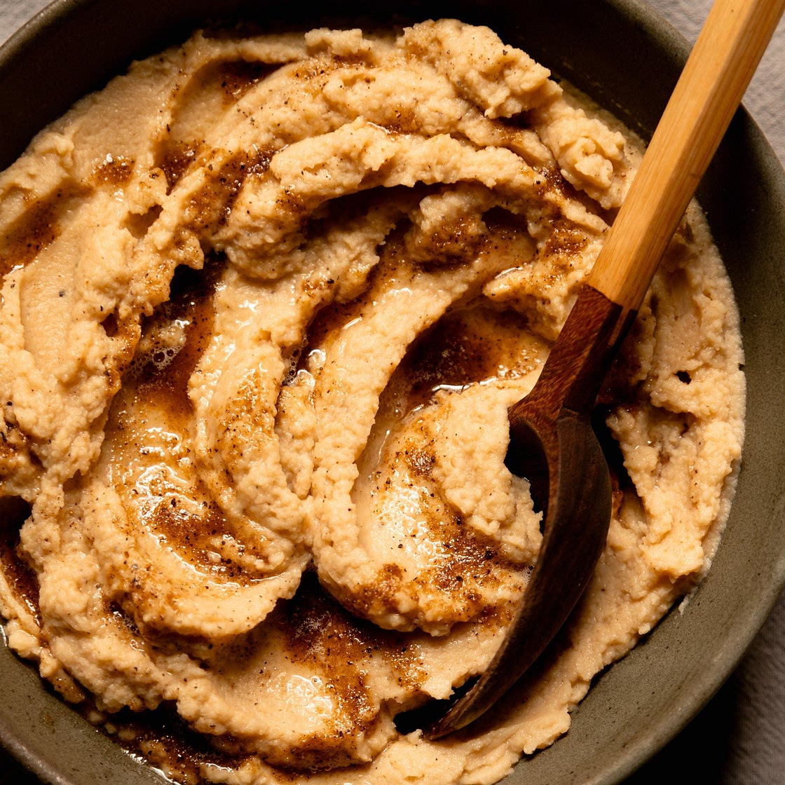 Silky Mashed Cauliflower with Black Pepper Worcestershire Butter (Vegan)