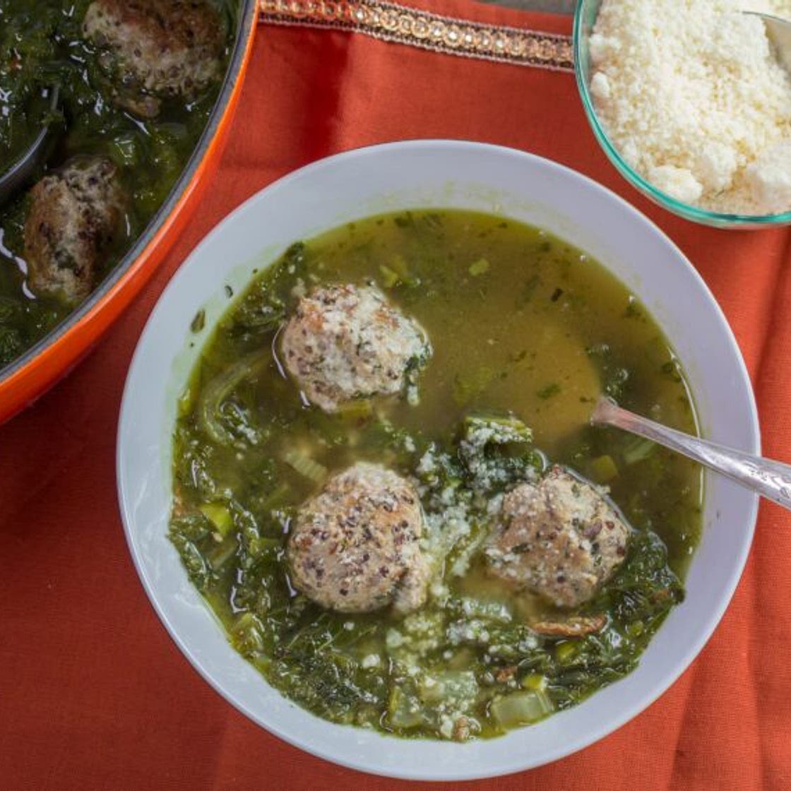 Turkey Quinoa Meatball Soup with Collard Greens