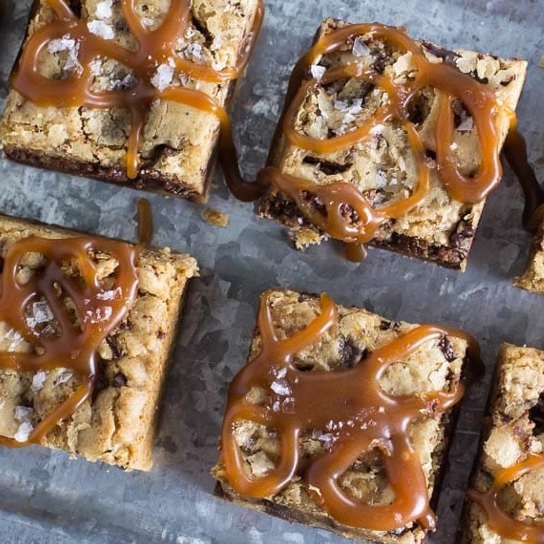 Low FODMAP Mocha Chocolate Chunk Bars with Whiskey Salted Caramel