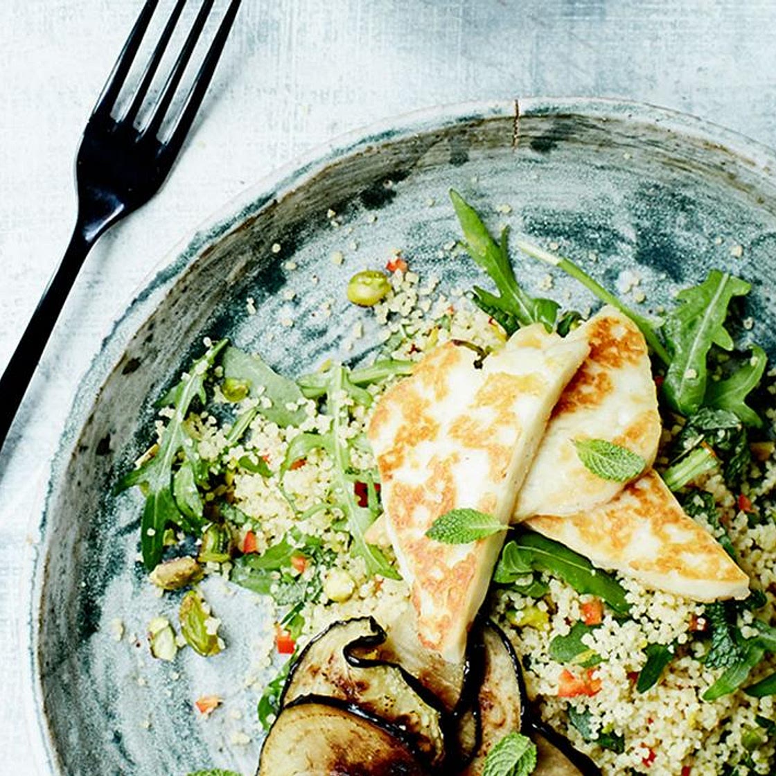 Halloumi and aubergine with minted couscous