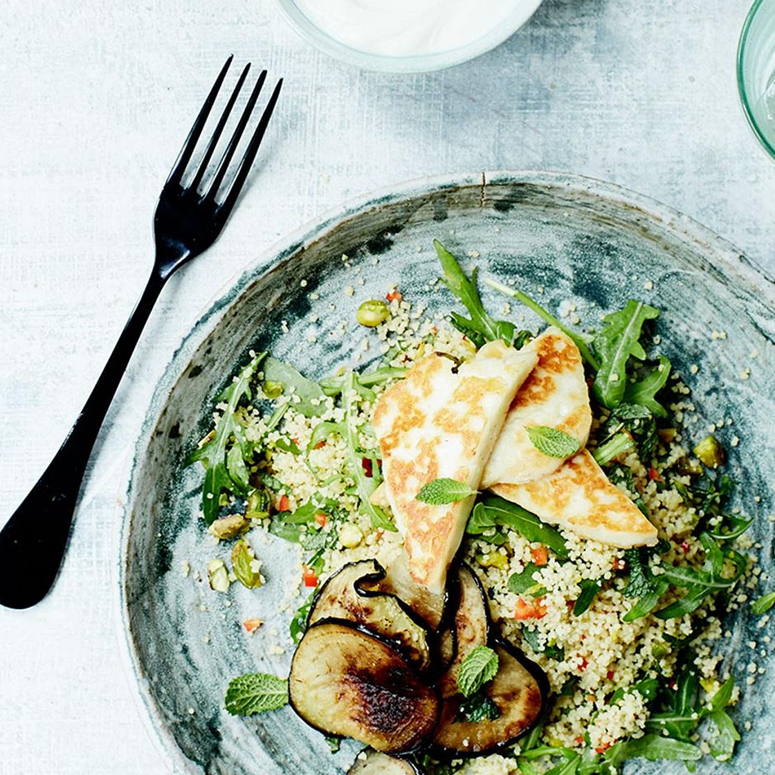 Halloumi and aubergine with minted couscous