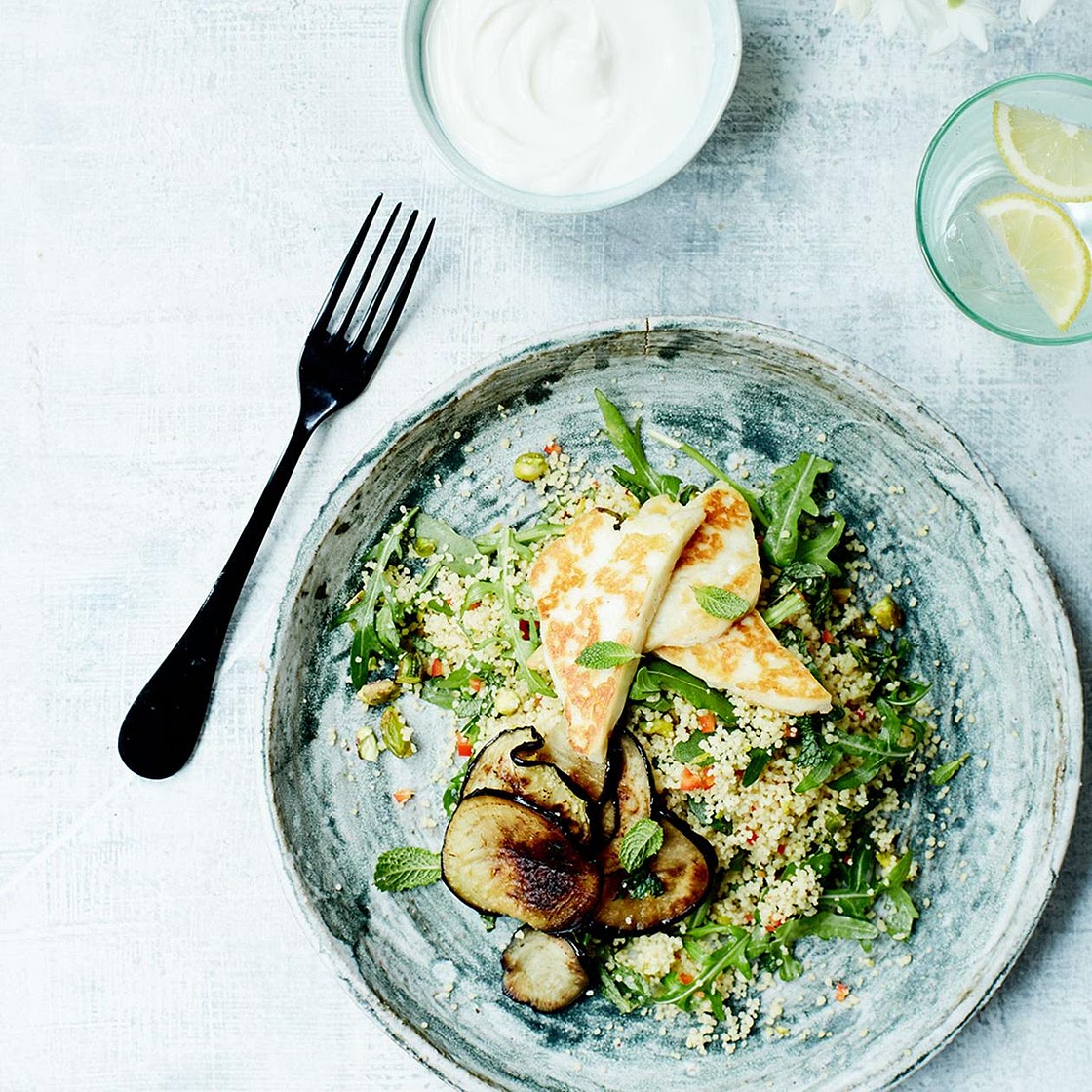 Halloumi and aubergine with minted couscous