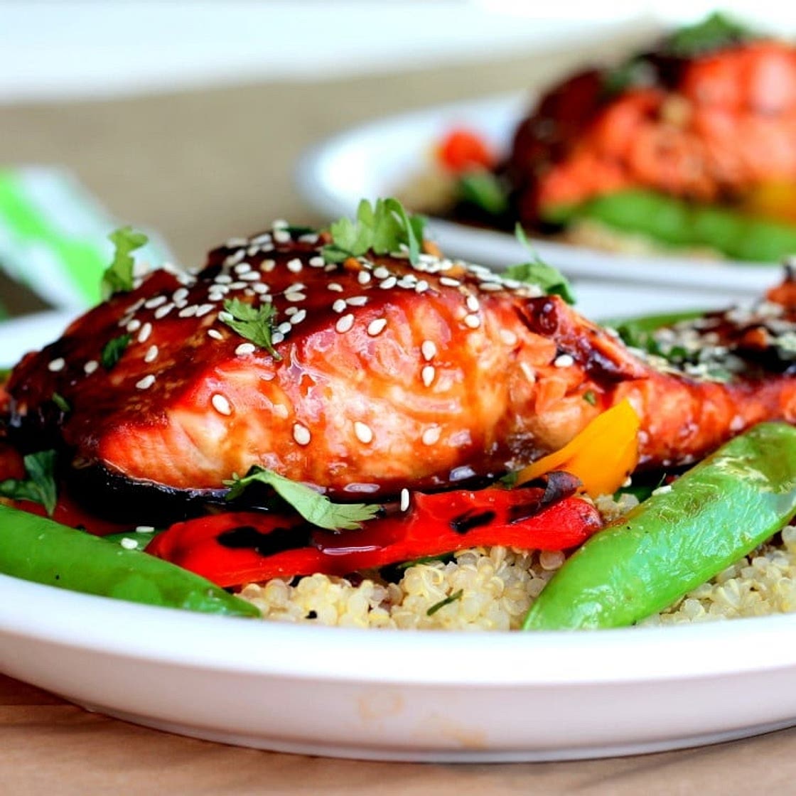 Sesame Ginger Sweet Teriyaki Salmon with Garlic Quinoa Stir-fry