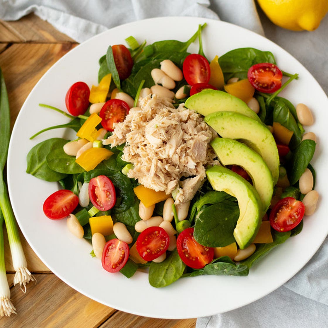 Lemony Tuna, White Bean & Sweet Pepper Spinach Salad