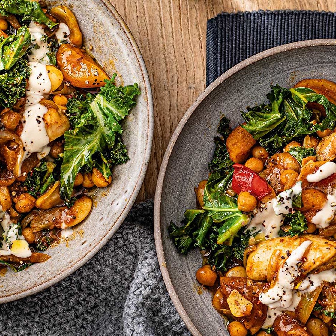 Tahini chicken, greens and beans