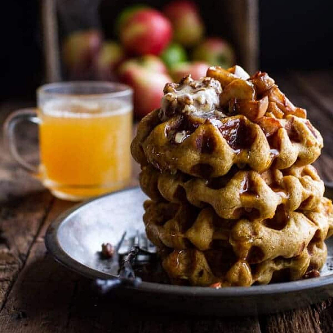 Overnight Cider Pumpkin Waffles w/Toasted Pecan Butter, Cider Syrup + Spiced Apples