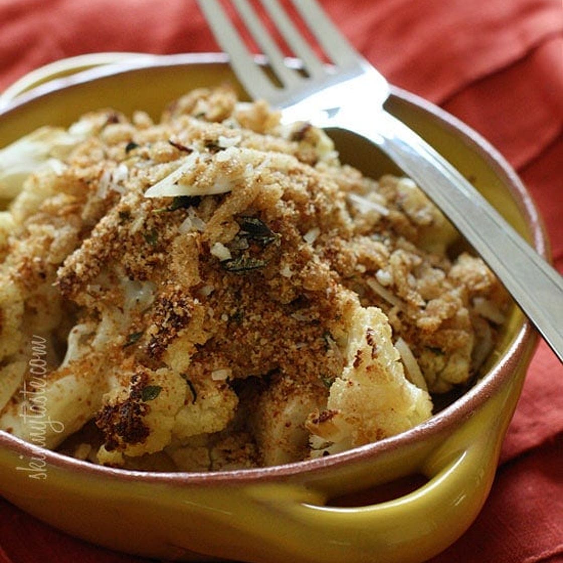 Garlic Roasted Cauliflower with Toasted Asiago Bread Crumbs