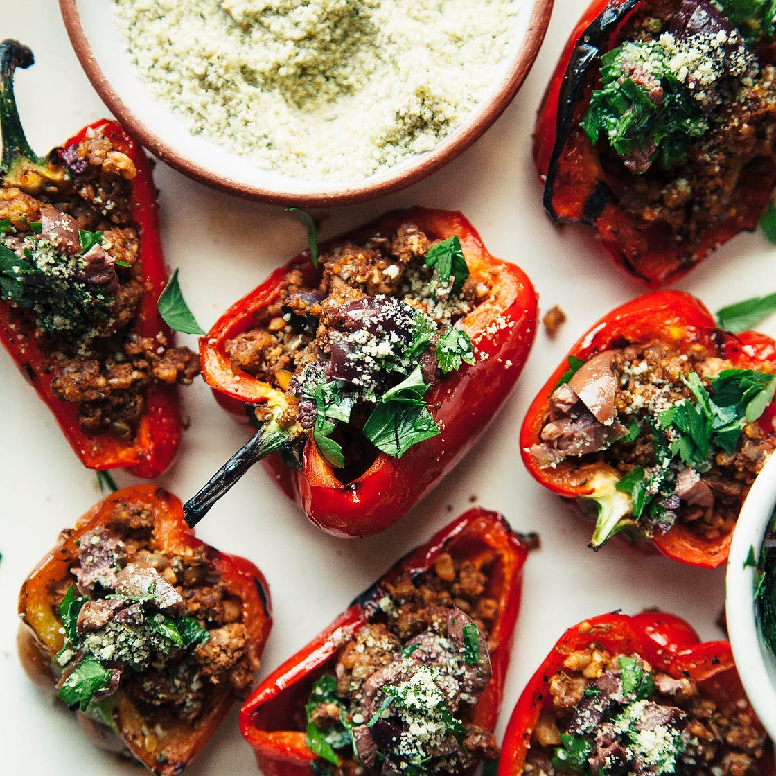 Grilled Mini Peppers with Spiced Walnut & Lentil Crumble