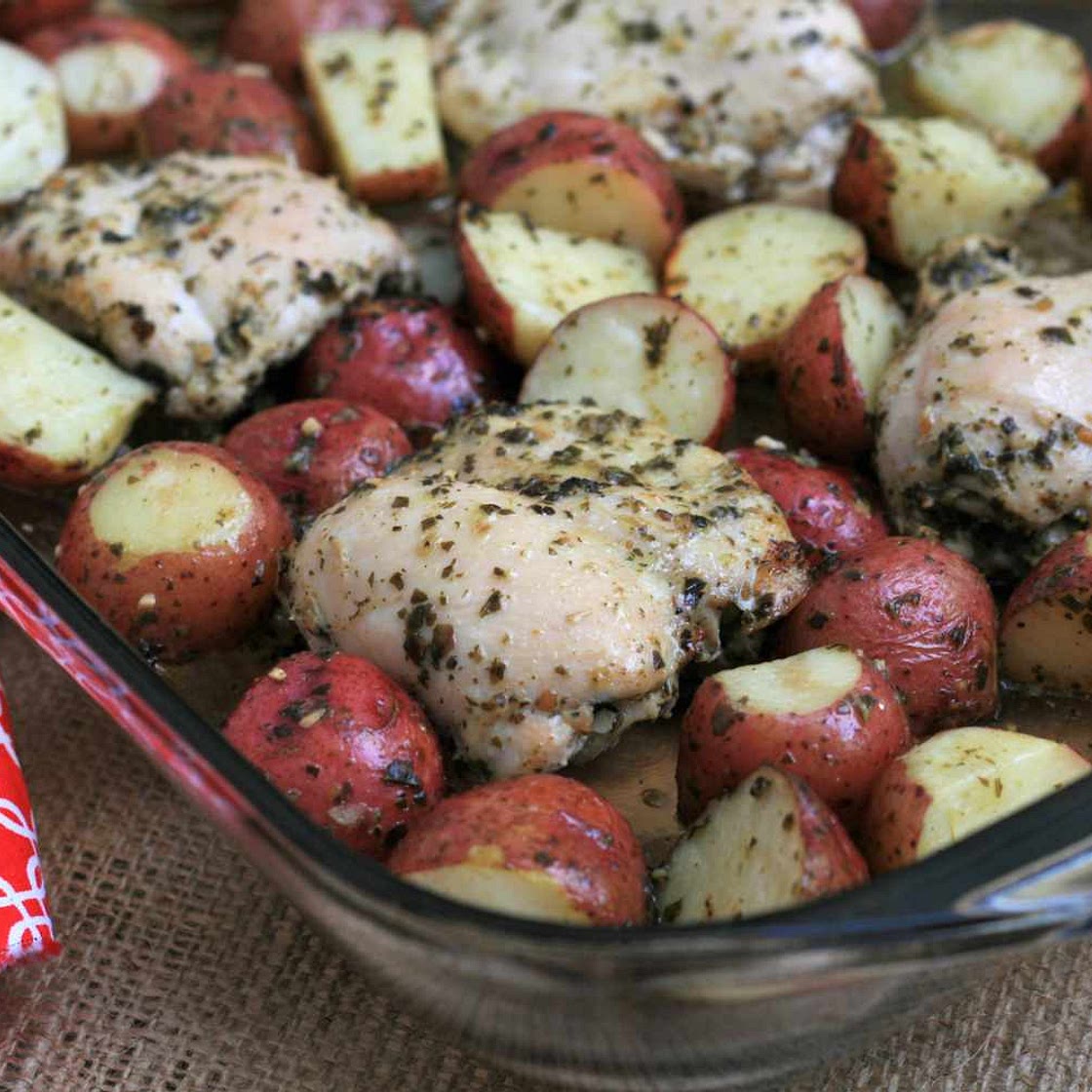 Baked Pesto Chicken Thighs and Potatoes