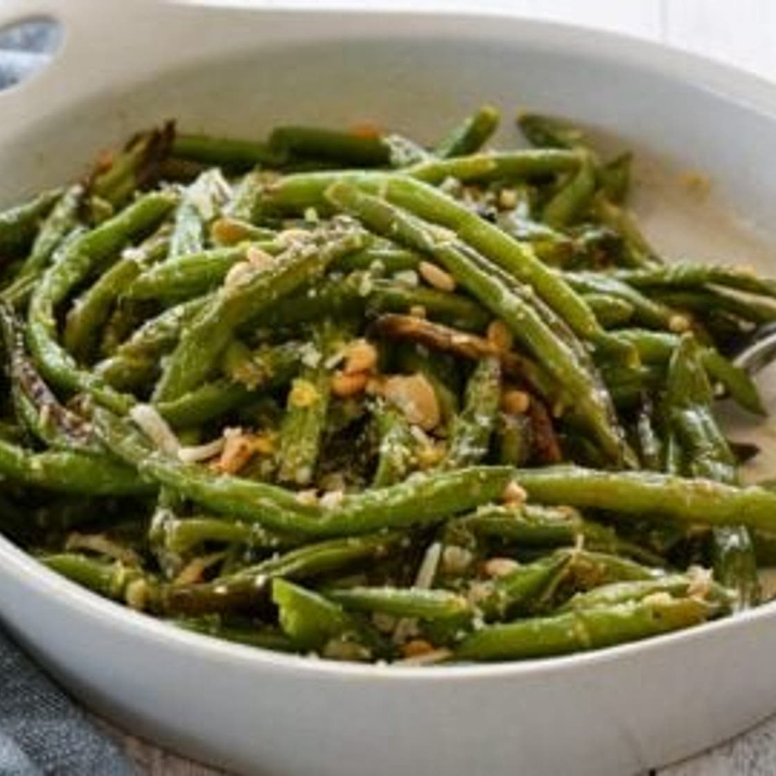 Roasted Green Beans with Garlic, Lemon, Pine Nuts & Parmesan