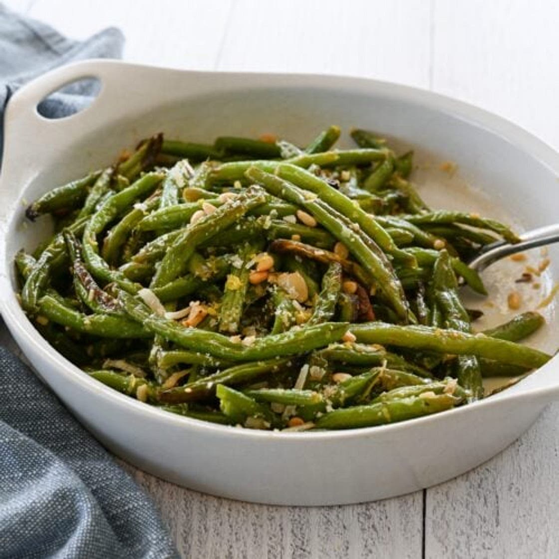 Roasted Green Beans with Garlic, Lemon, Pine Nuts & Parmesan