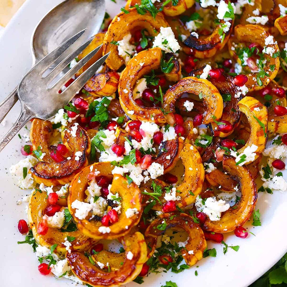 Maple Roasted Delicata Squash with Goat Cheese and Pomegranate