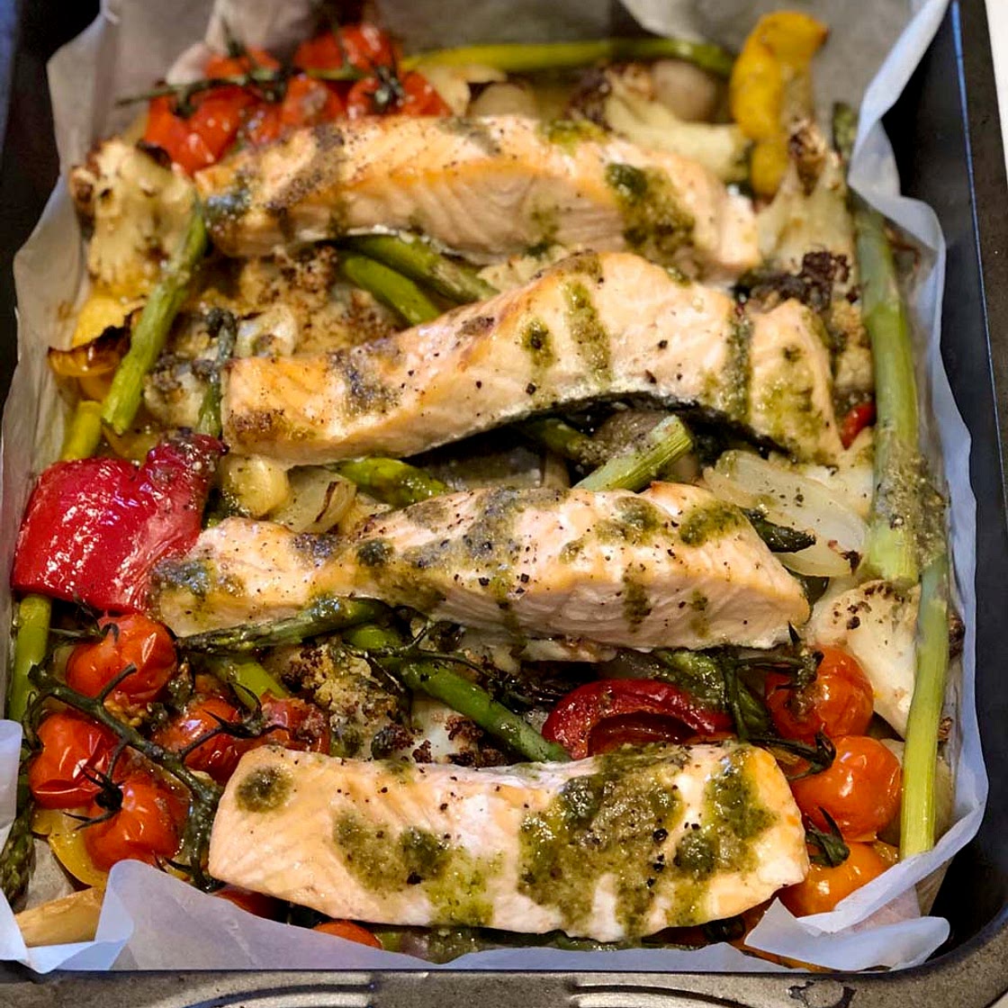 Pesto Salmon Traybake with Roasted Vegetables