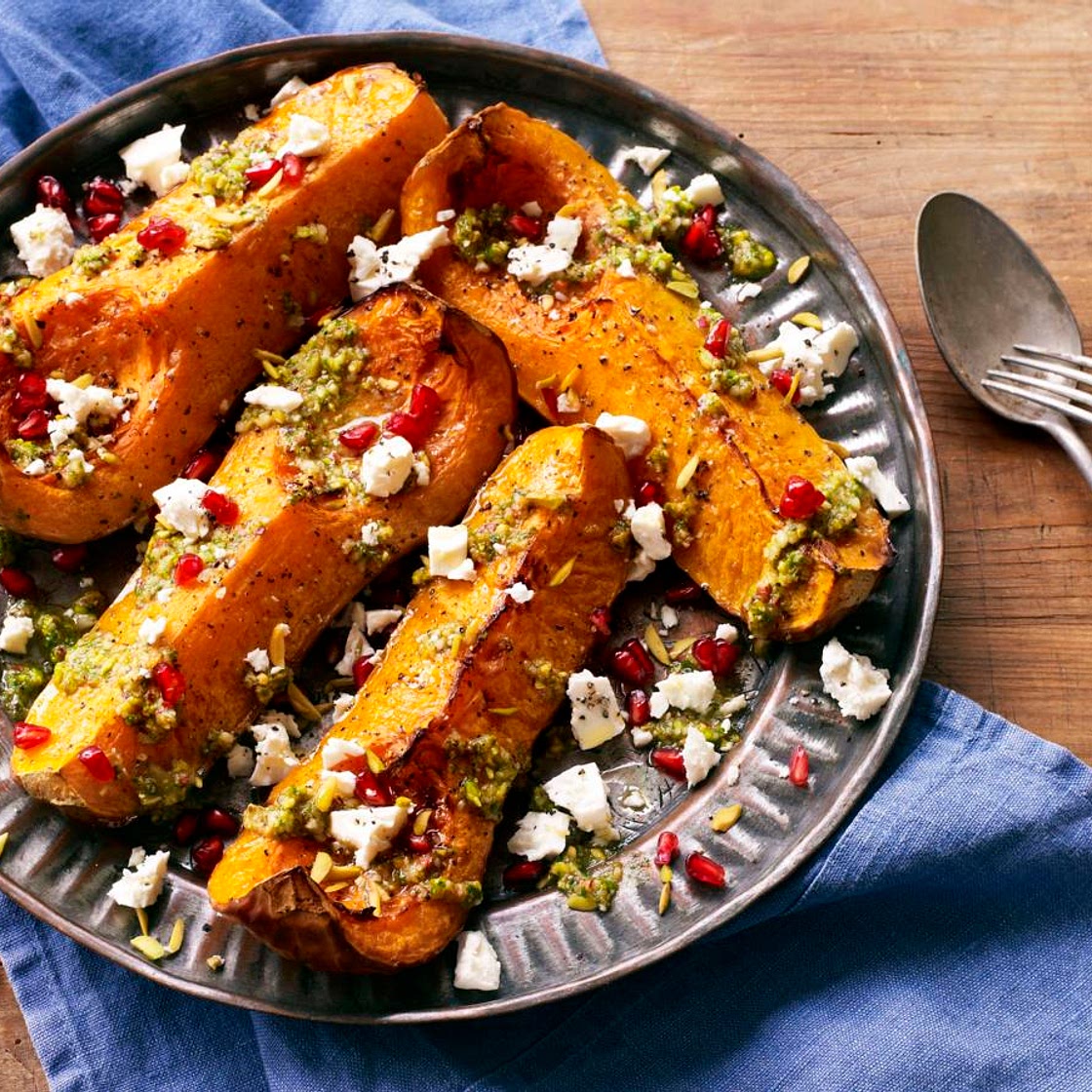 Butternut squash with Persian pistachio pesto, feta and pomegranate seeds