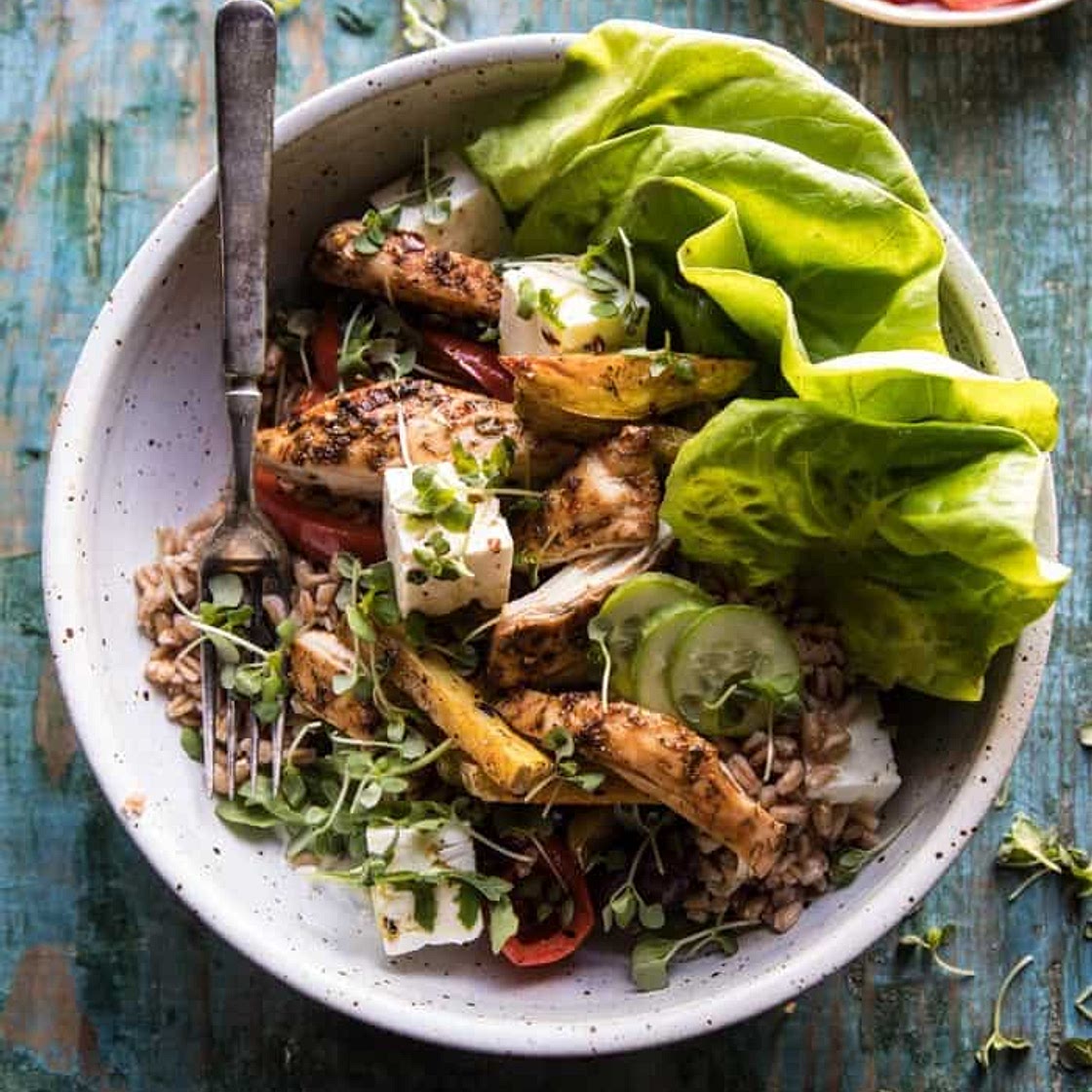 Roasted Greek Chicken and Farro Salad with Fries