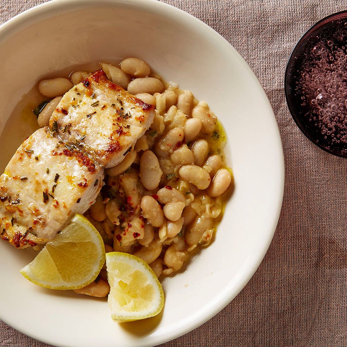 Mahi-Mahi with Smashed White Beans and Sage