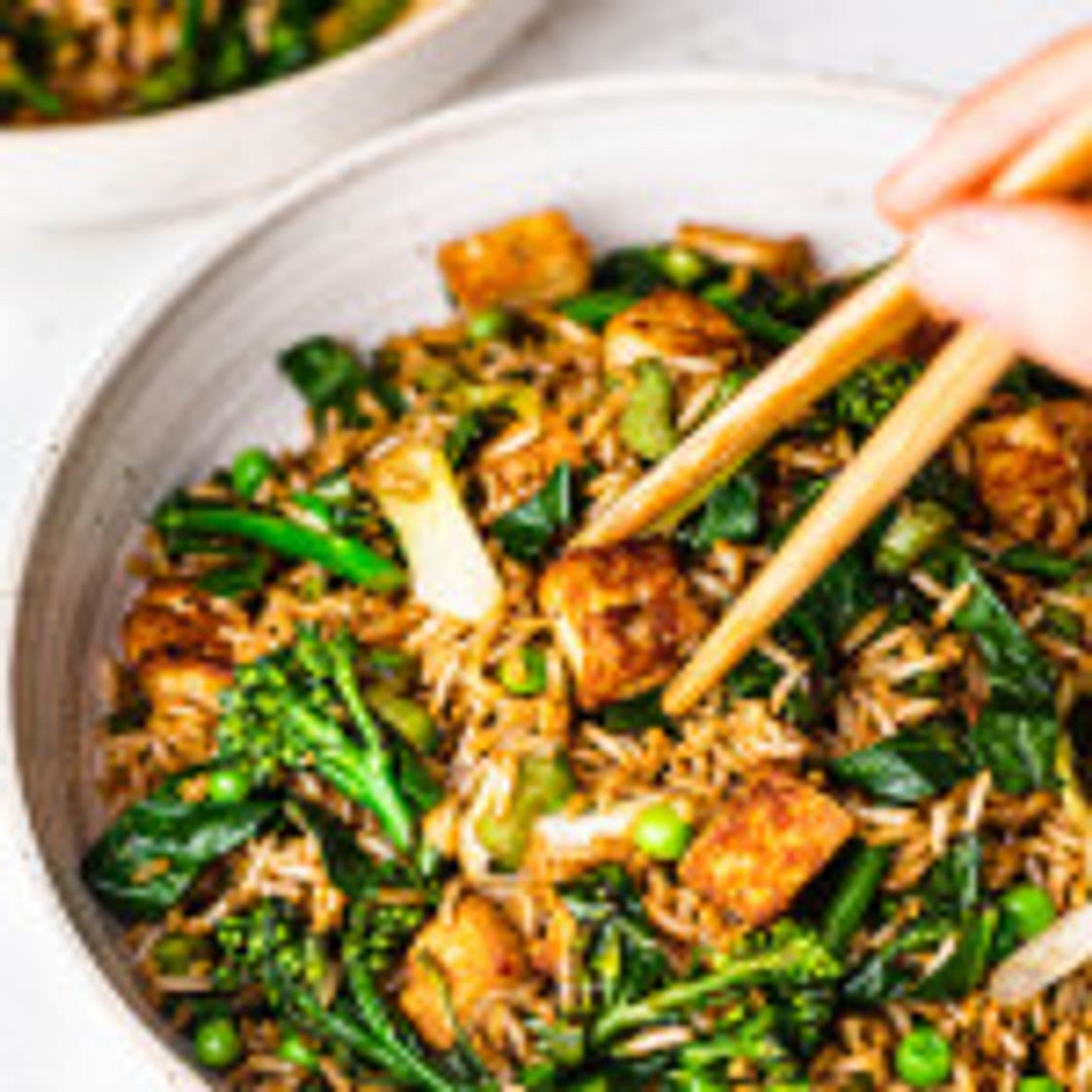 Vegan fried rice with spring vegetables