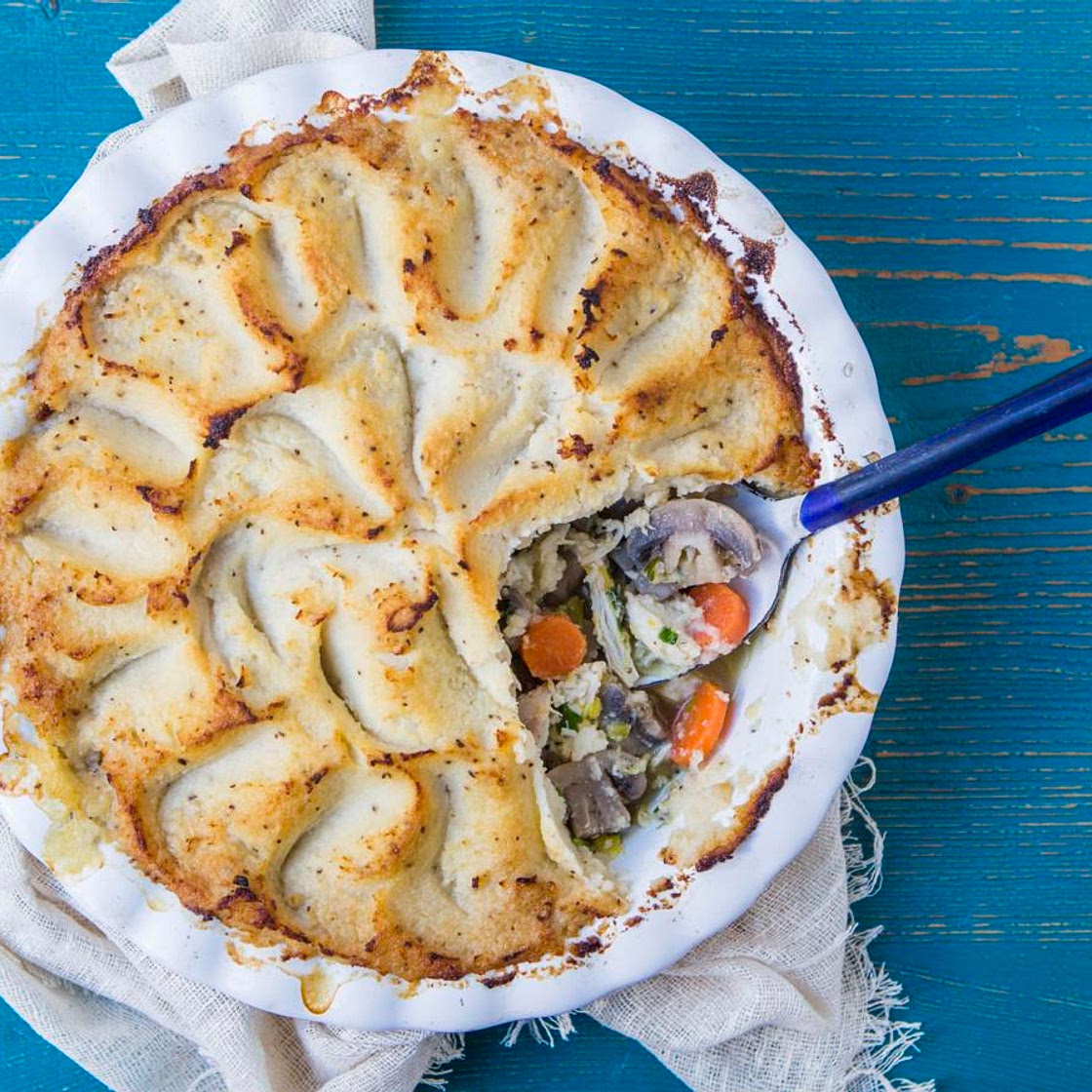 Chicken, leek and mushroom pie with cauliflower mash topping