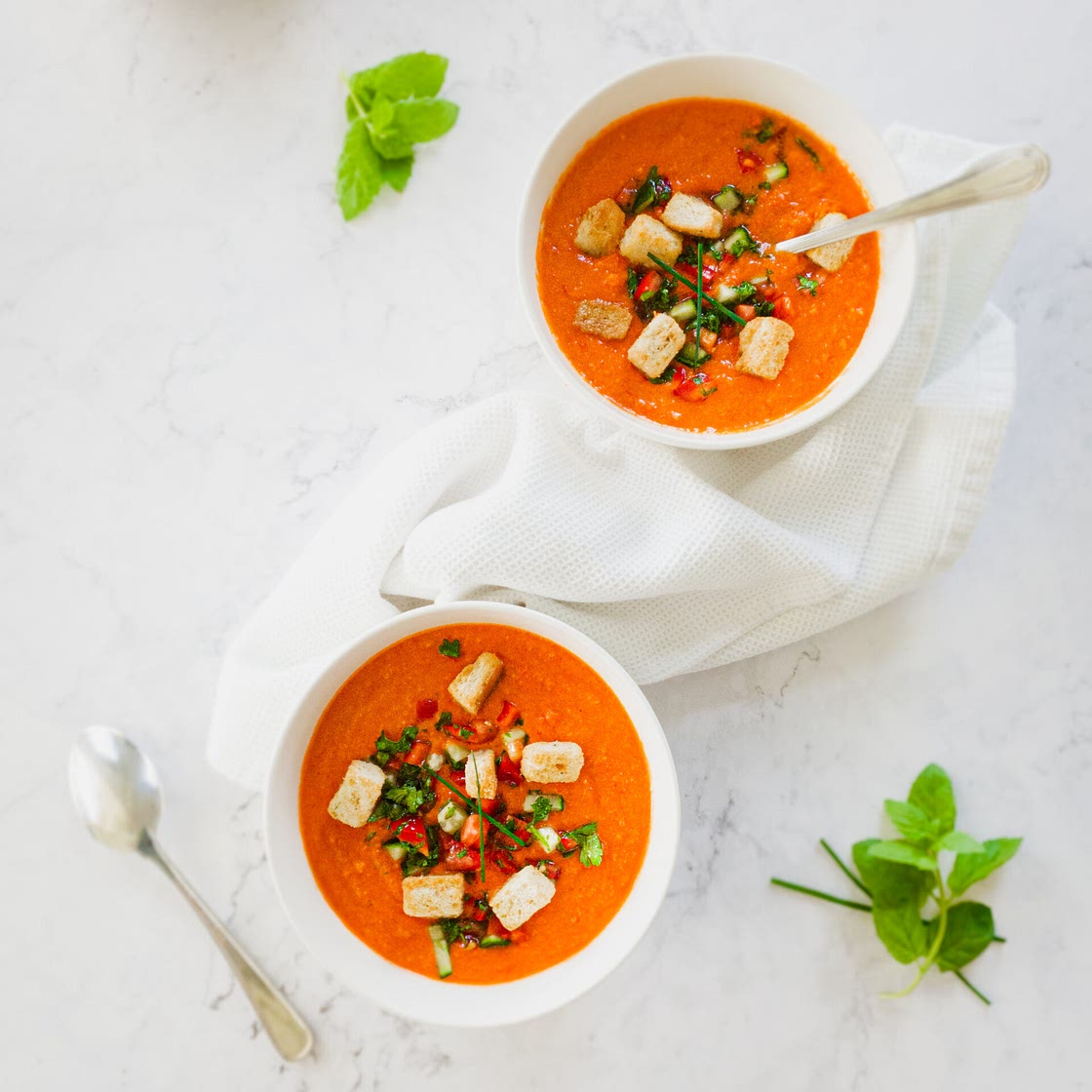 Gazpacho Soup with Fresh Salsa and Crunchy Croutons