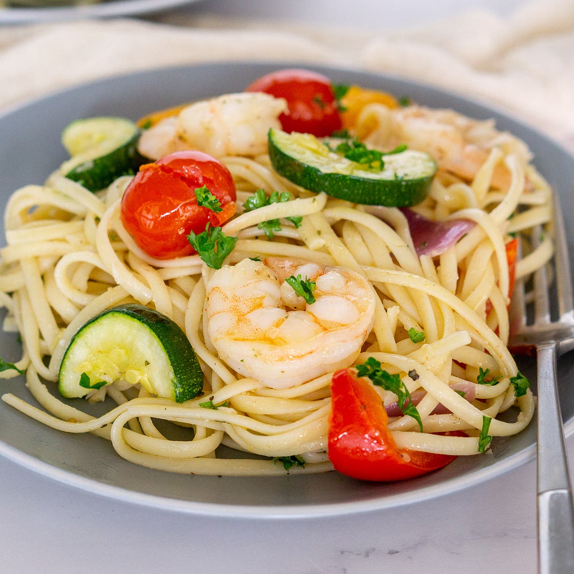 Sheet Pan Lemon Garlic Shrimp and Vegetable Linguine