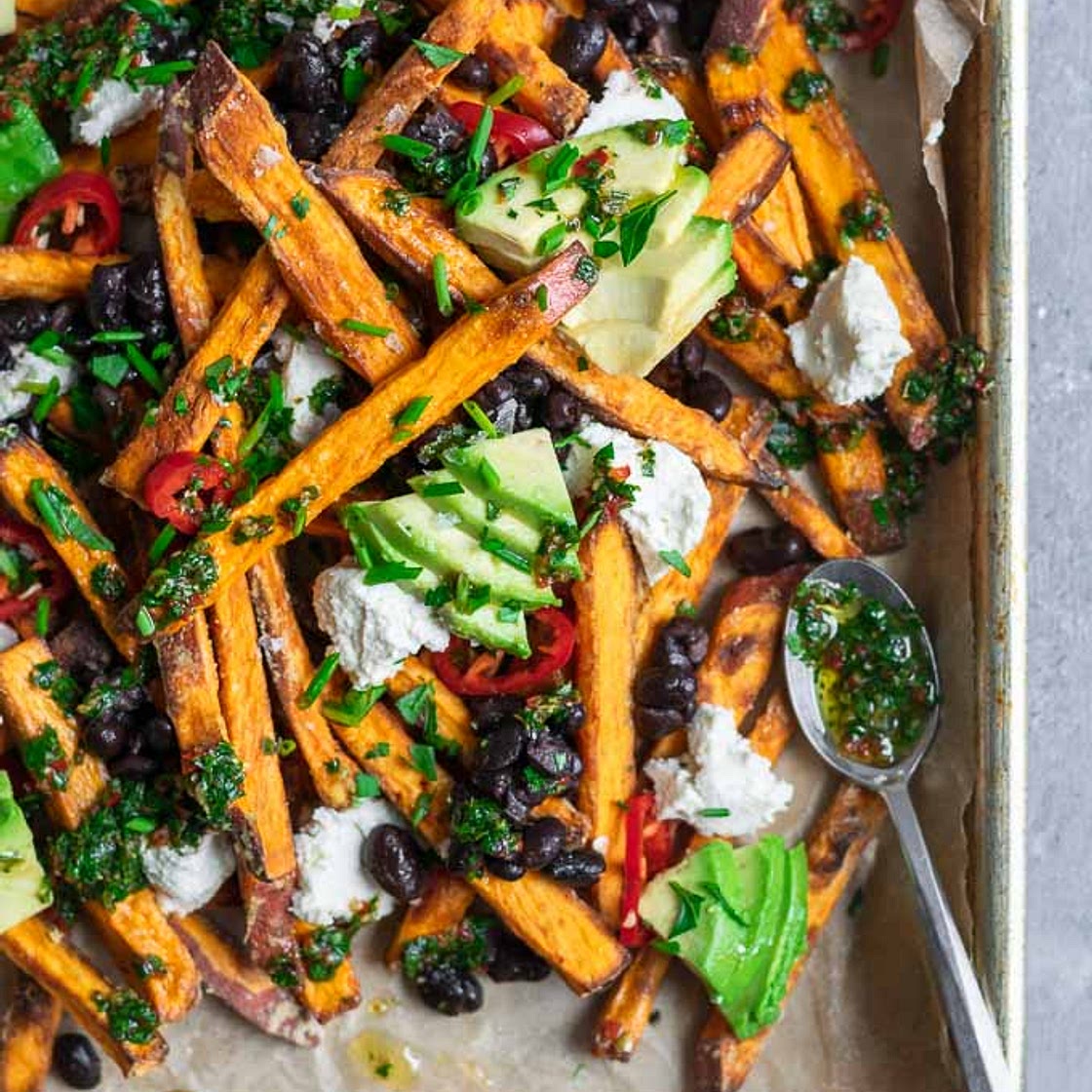 Chimichurri Loaded Sweet Potato Fries