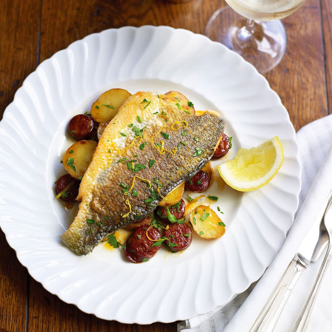 Speedy sea bass recipe with chorizo and potatoes