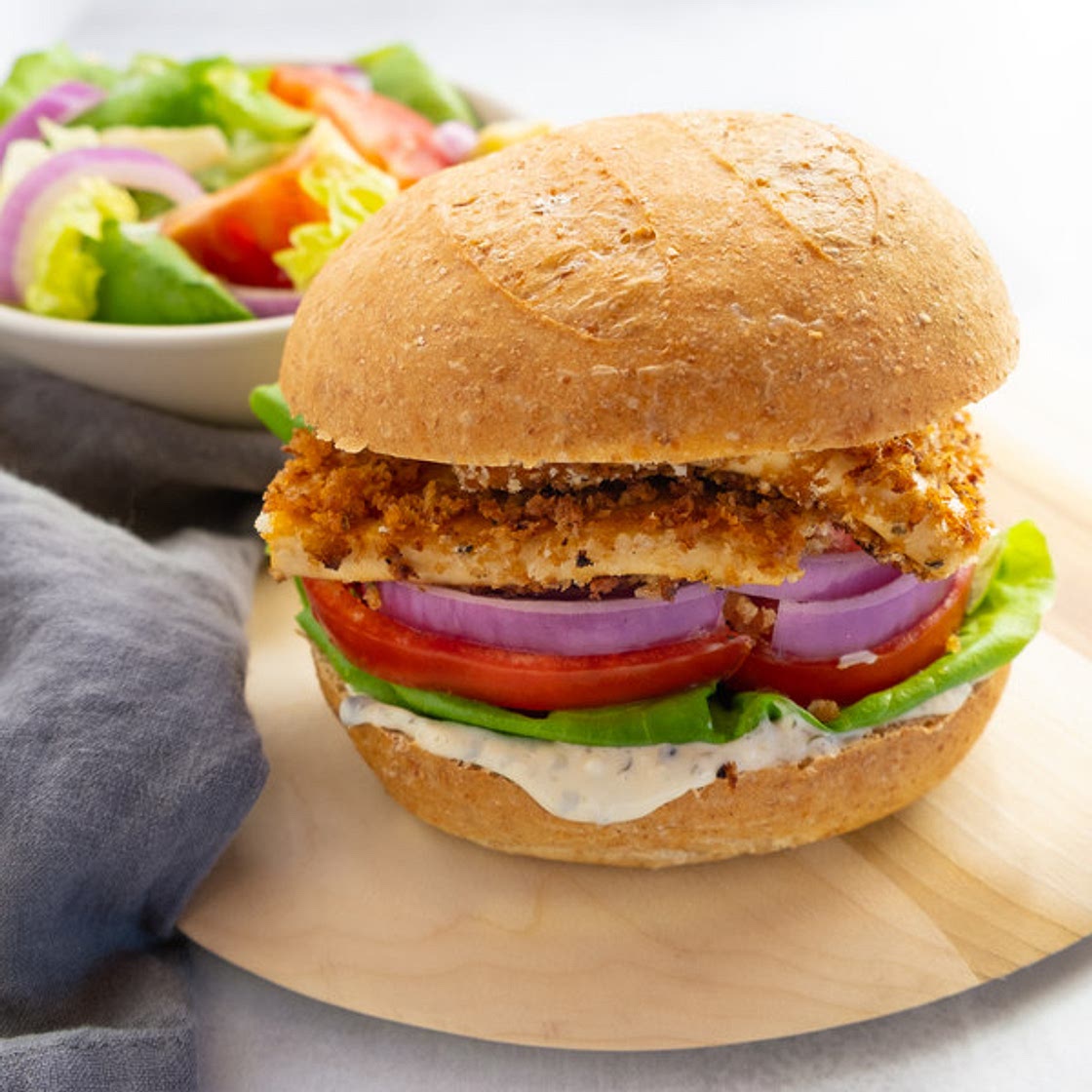 Crispy Tofu Sandwich with Garlic-Tartar Sauce & Side Salad
