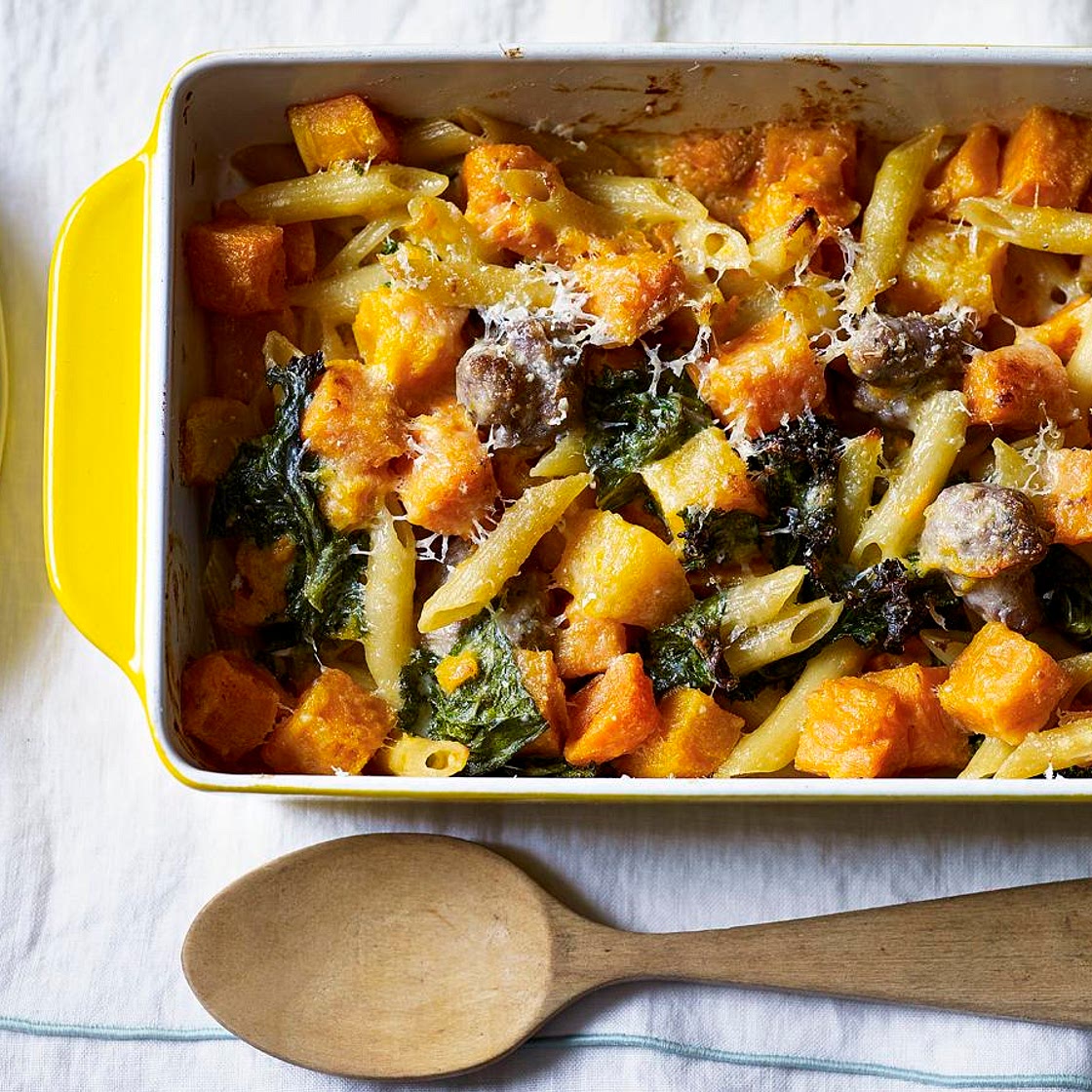 Sausage, squash and kale pasta bake
