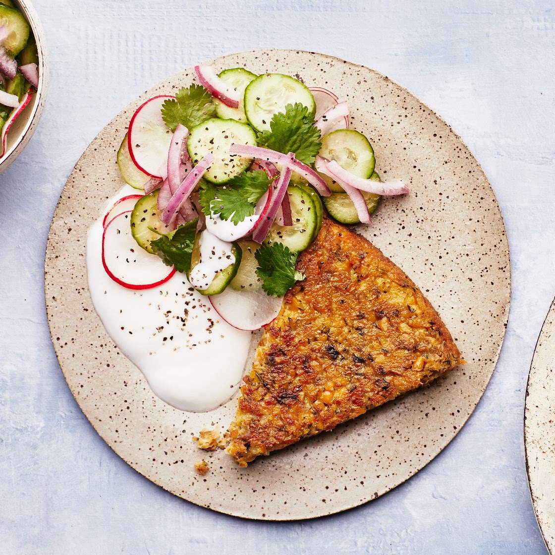 Big Baked Falafel Cake With Cucumber Salad