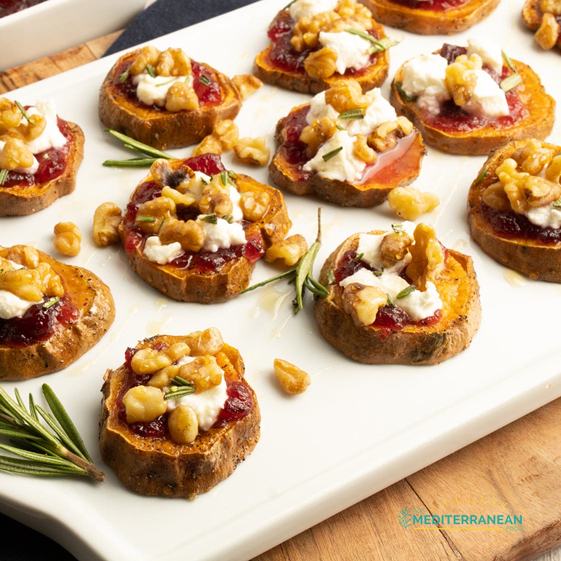 Sweet Potato Appetizers With Cranberry Sauce and Walnuts