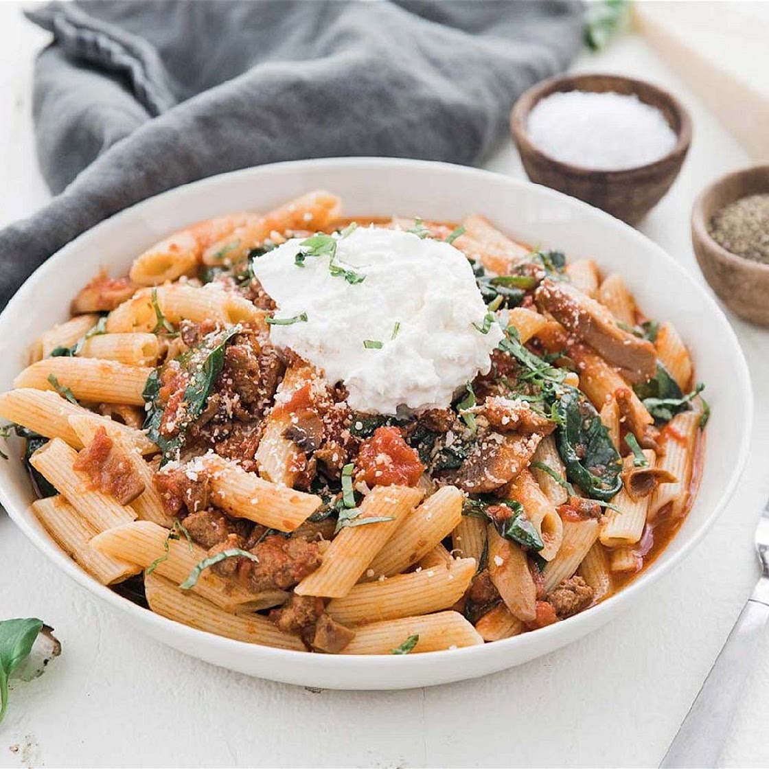 Sausage & Mushroom Pasta with Spinach & Burrata